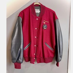 DeLong vintage Varsity Jacket Deep Burgundy Wool Leather Sleeves Mens XL Patches